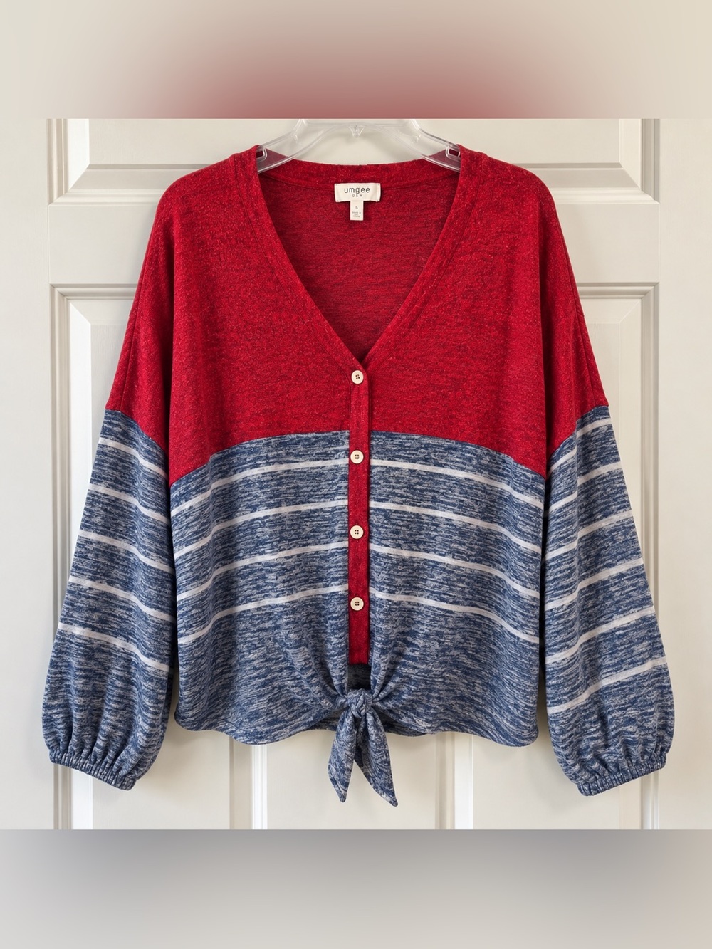 Red Blue Striped Button Tie Front Sweater Cardigan Umgee EUC S #1169